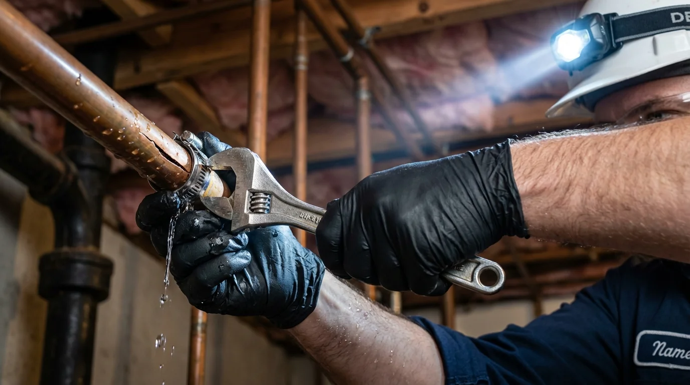 Emergency pipe clamp repair being performed by a Johns Plumbing LLC plumber in Colon