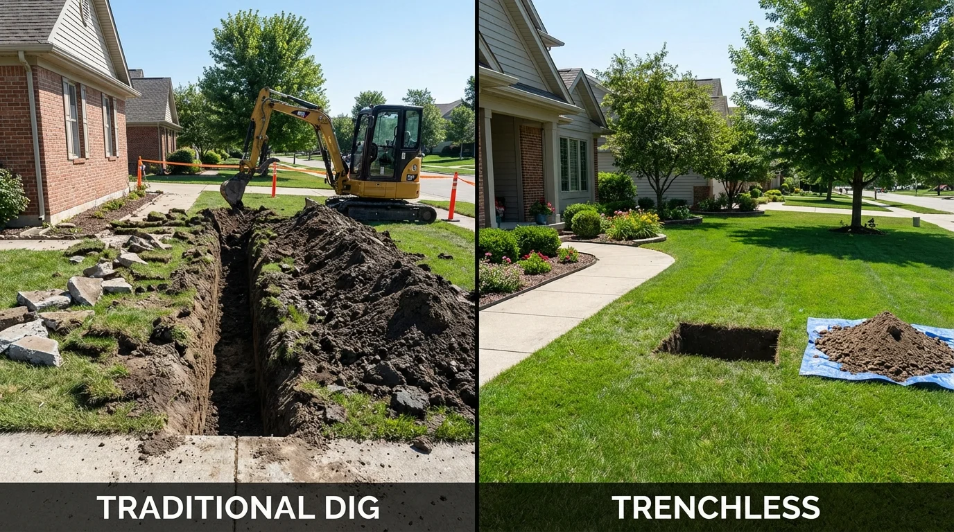 Trenchless sewer repair with minimal yard damage versus traditional excavation in Colon, MI