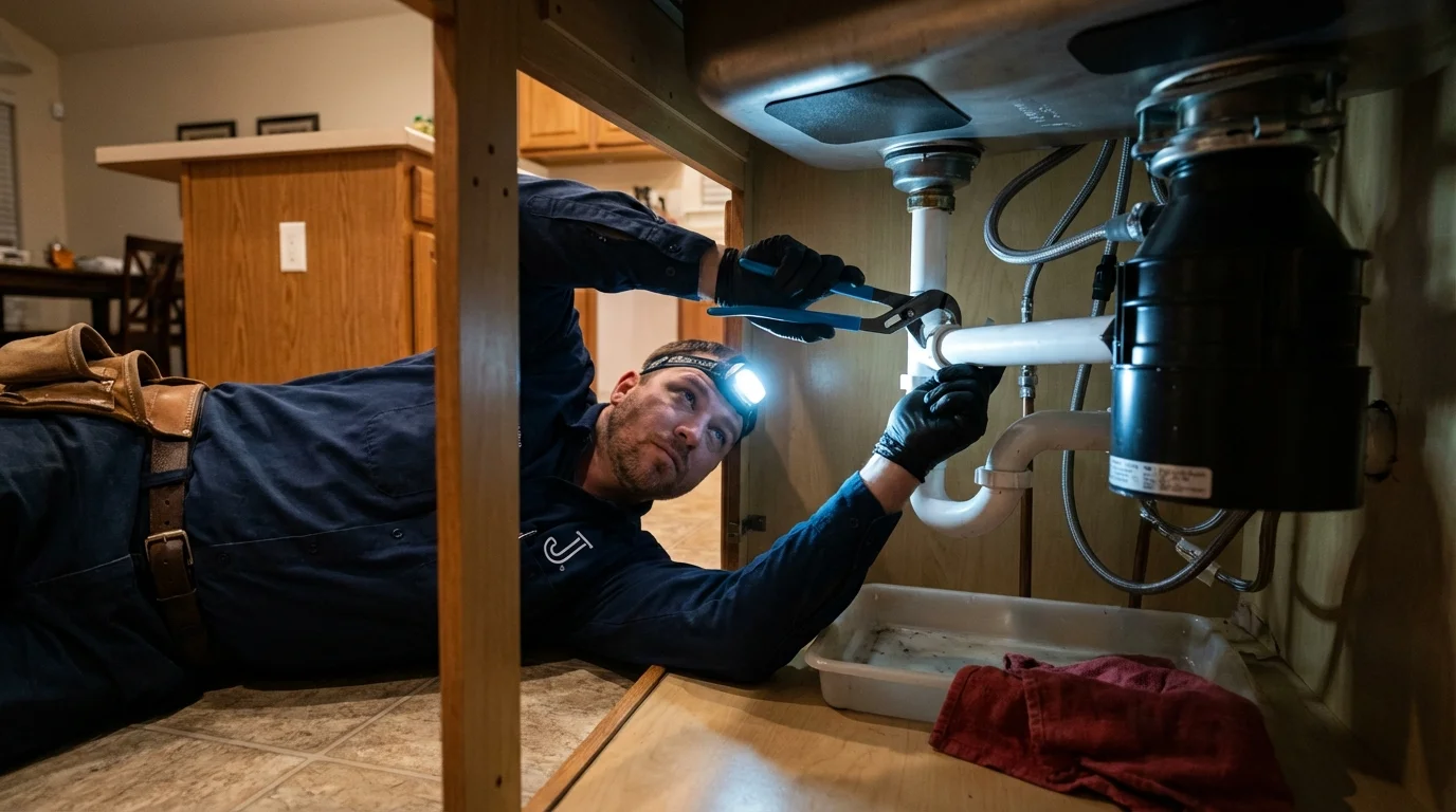 P-trap and supply line connections under a kitchen sink showing a common leak point in Colon, MI